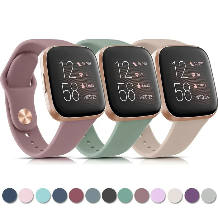 Habicare silicone watch band for Fitbit Versa Lite in TWS style, shown in vibrant color options, designed for comfortable wear.