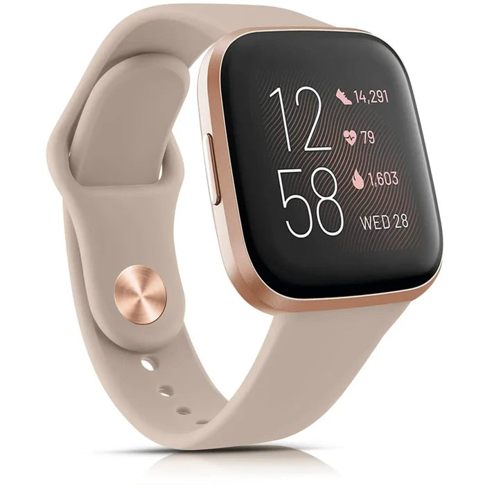 Habicare silicone watch band for Fitbit Versa Lite, shown in multiple colors, flexible TWS strap designed for fitness tracking.