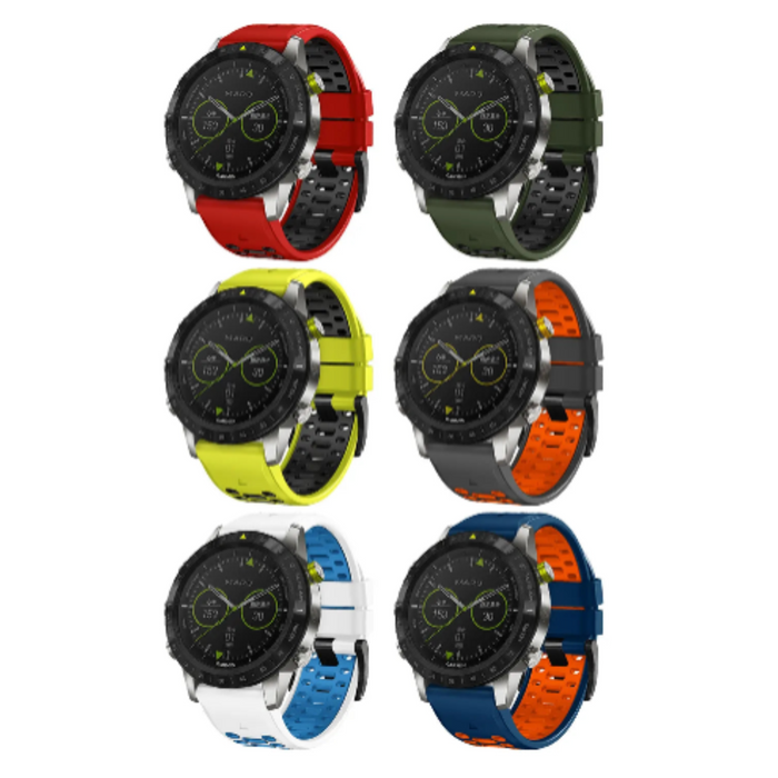 Colorful Habicare silicone watch band for Garmin Fenix 5 and 5 Plus, featuring a TWS design in various vibrant shades.