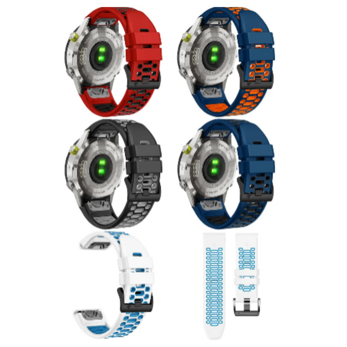 Habicare silicone watch band for Garmin Fenix 5 and 5 Plus, shown in three different colors, flexible and durable TWS replacement strap.