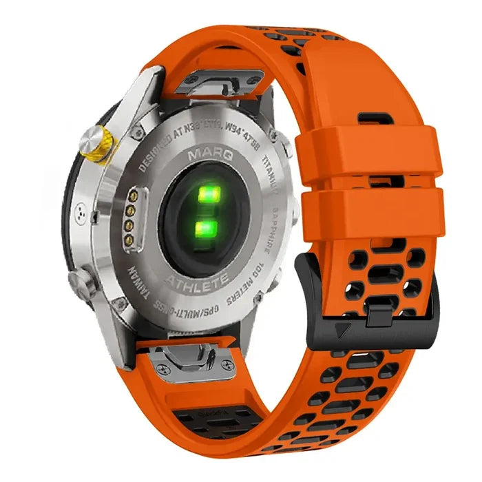 Habicare silicone watch band for Garmin Fenix 6 and 6 Pro, TWS style, in various colors, shown on a smartwatch.