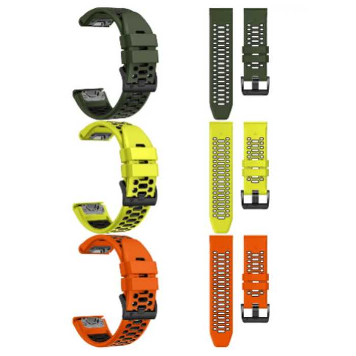 Habicare silicone watch band for Garmin Fenix 7 and 7 Pro, TWS style, available in 12 colors, shown on the watch.