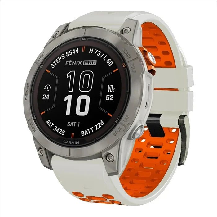 Habicare silicone watch band for Garmin Fenix 7 & 7 Pro, available in 12 colors, shown in a close-up image.