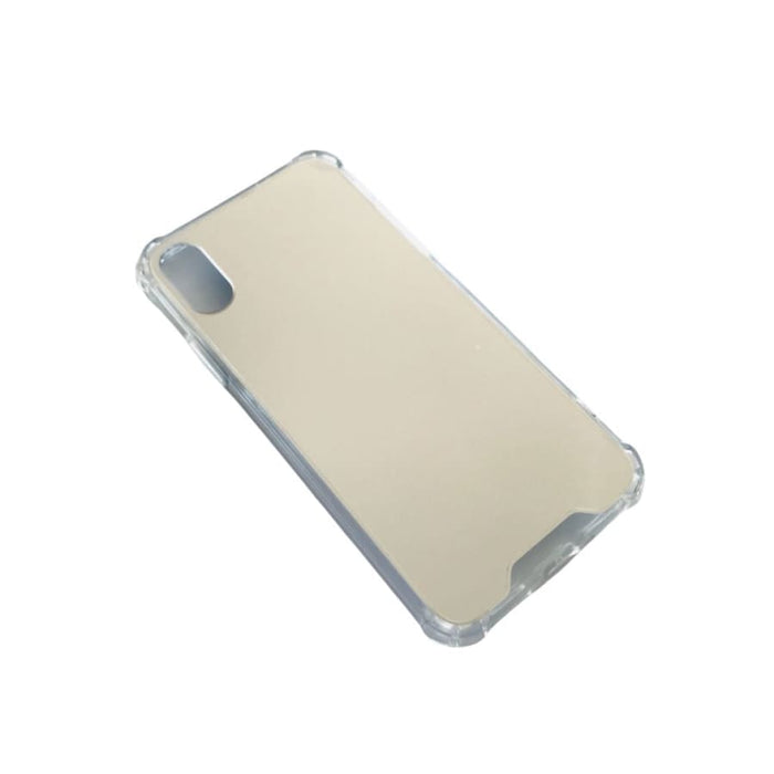 Silver mirror case for iPhone X and XS by 9eight5, showcasing sleek, reflective surface and snug fit on the phone.