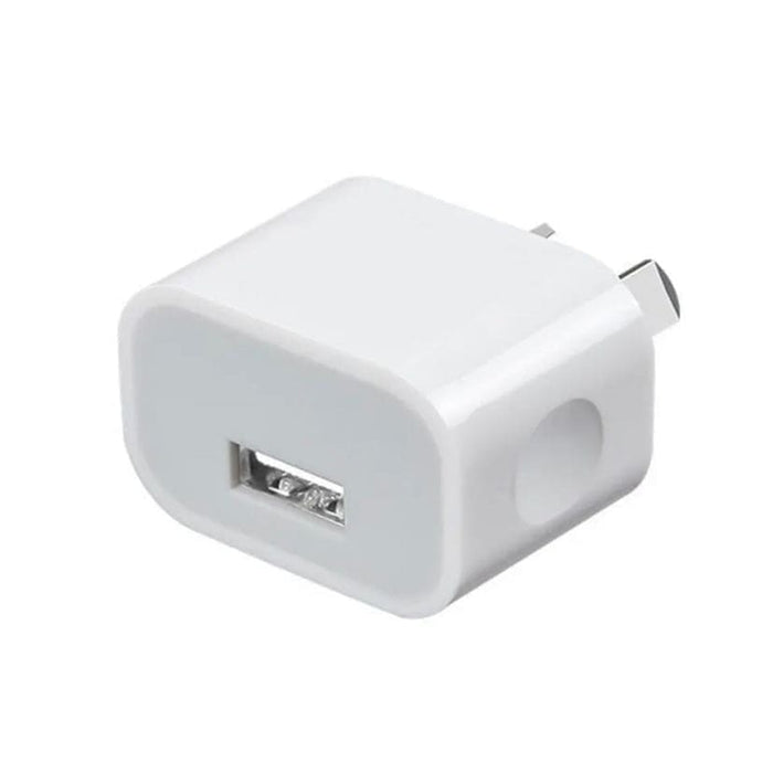White single USB port wall plug charger for NZ and AUS outlets, compatible with USB devices.