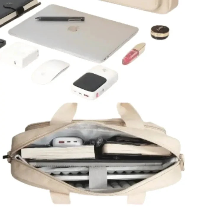 Slim Habicare 9eight5 laptop handbag with padded interior, designed for MacBook and Windows PCs, in sleek black fabric.