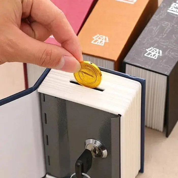 Small 9eight5 lock box safe designed like a book, used for storing money and valuables discreetly and securely.