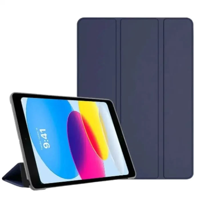 Navy blue 9eight5 smart cover for iPad series by Habicare with magnetic closure, protecting the screen and case.