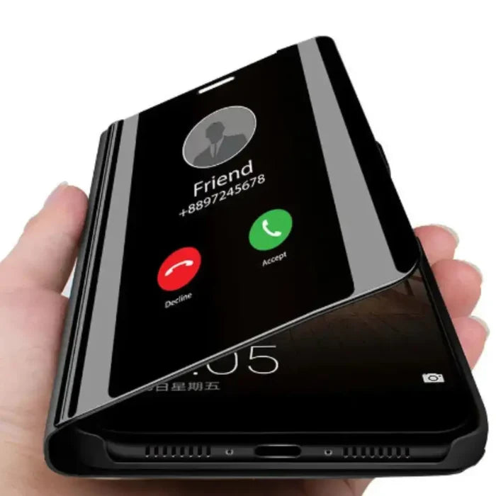 Habicare 9eight5 smart mirror flip case for Samsung Galaxy series, featuring a reflective mirror and protective cover.