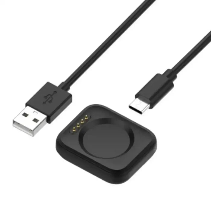Habicare TWS smartwatch charging cable for Oppo Watch Series, shown connected to a smartwatch with a sleek design.