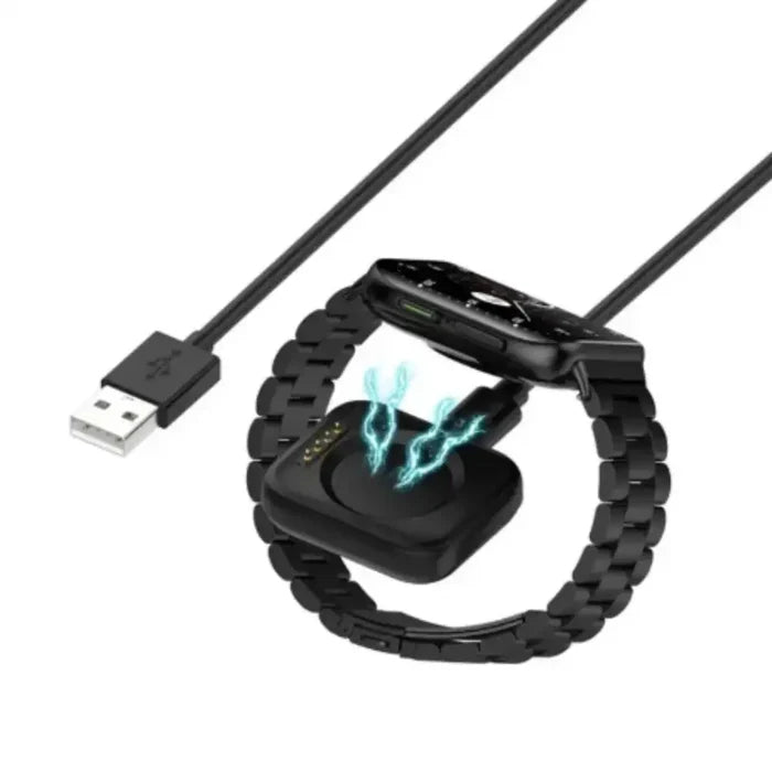 Habicare TWS smartwatch charging cable designed for Oppo Watch Series, shown connected to a smartwatch.