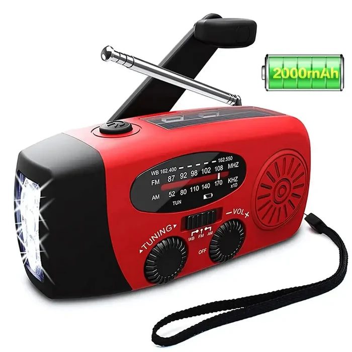 Black Habicare Solar Hand Crank Emergency Radio and Power Bank with solar panel and manual crank for portable power backup.