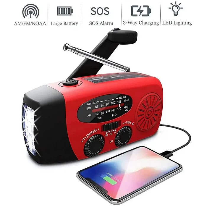 Habicare Solar Hand Crank Emergency Radio and Power Bank, compact device with solar panel, hand crank, and digital display.