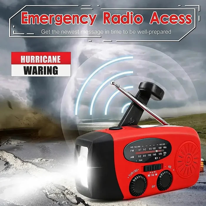 Habicare SS solar hand crank emergency radio and power bank with digital display and multiple charging ports.