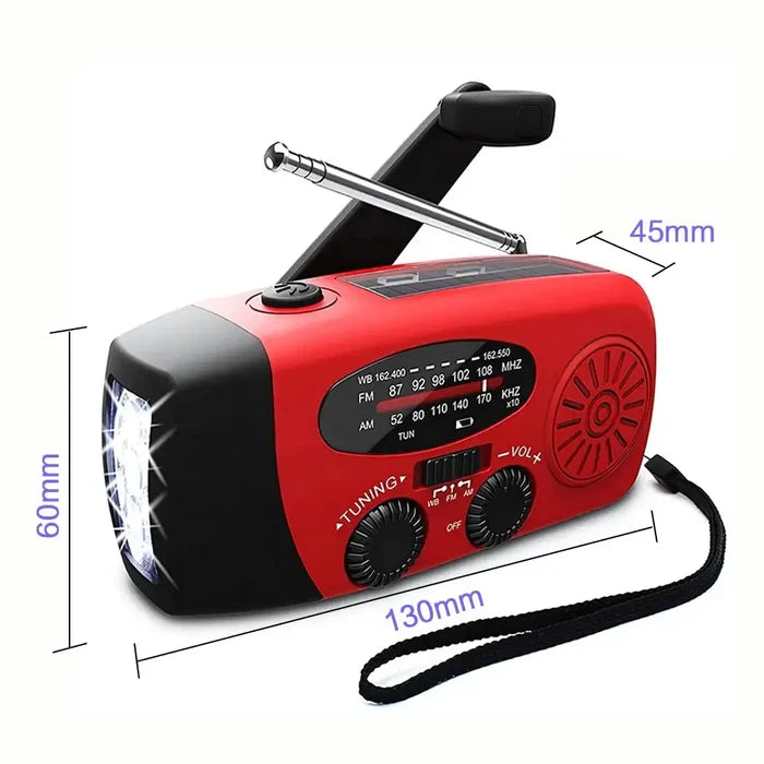 Habicare SS solar hand crank emergency radio and power bank with digital display and compact design.