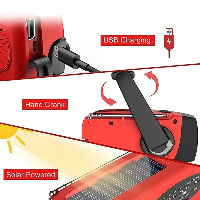 Habicare Solar Hand Crank Emergency Radio and Power Bank showing solar panel, crank handle, and digital display in a compact design.