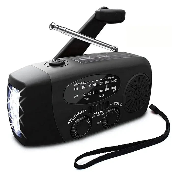 Habicare SS solar hand crank emergency radio with built-in power bank, compact device for outdoor and emergency use