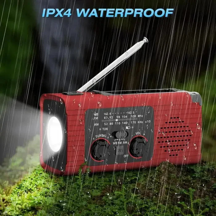 Portable Habicare SS solar-powered hand crank survival radio with AM/FM, NOAA weather alerts, and built-in flashlight.