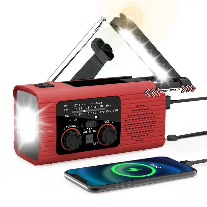 Portable Habicare SS solar-powered hand crank survival radio with AM/FM, NOAA weather updates, and built-in flashlight.