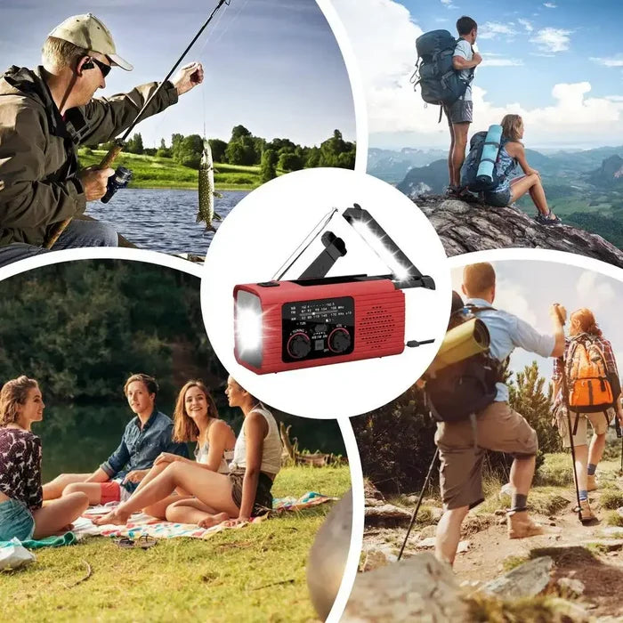 Portable Habicare SS solar-powered hand crank survival radio with FM, NOAA weather alerts, and built-in flashlight for emergency use.