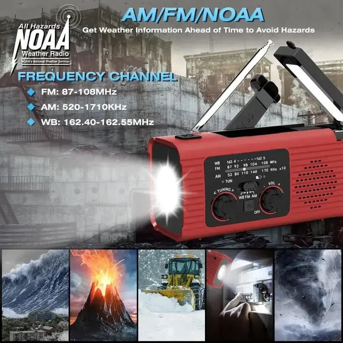 Portable Habicare SS solar-powered hand crank survival radio with AM/FM, NOAA weather alerts, and built-in flashlight.