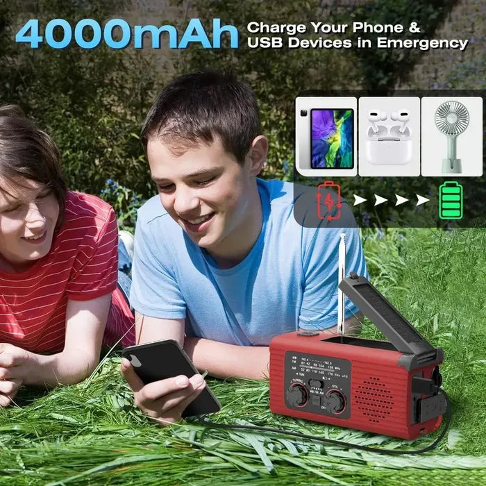 Habicare solar powered hand crank survival radio with AM/FM, NOAA weather alerts, and built-in flashlight for emergency use