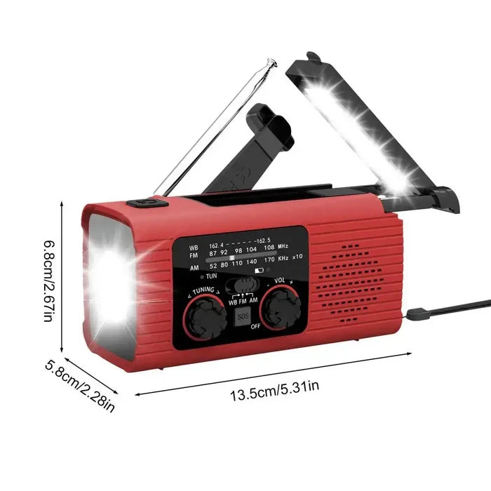 Habicare solar powered hand crank survival radio with AM/FM, NOAA weather alerts, and built-in flashlight for emergency use