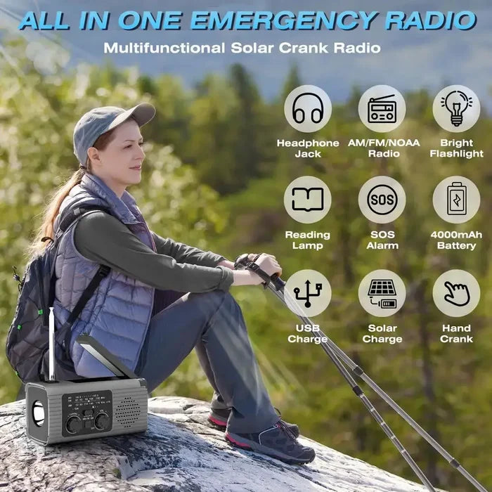 Portable Habicare SS solar-powered hand crank survival radio with AM/FM, NOAA weather alerts, and built-in flashlight.