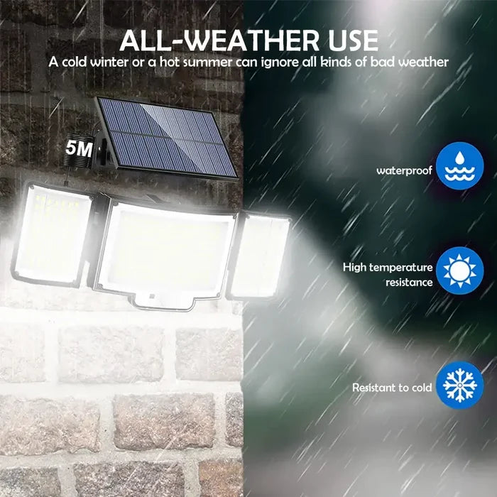 Habicare SS waterproof solar security light with motion sensor, outdoor lighting device with adjustable settings.