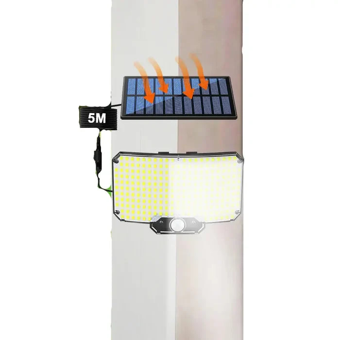 Habicare SS solar security light with motion sensor, waterproof outdoor lighting fixture showing LED array and adjustable mounting bracket.