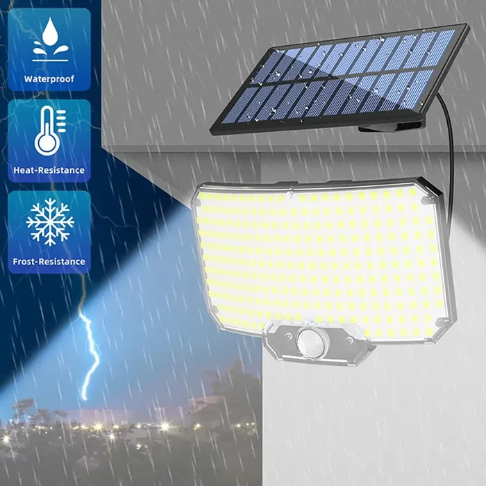 Habicare Solar Security Light with motion sensor, waterproof outdoor lighting fixture with adjustable settings and durable design.