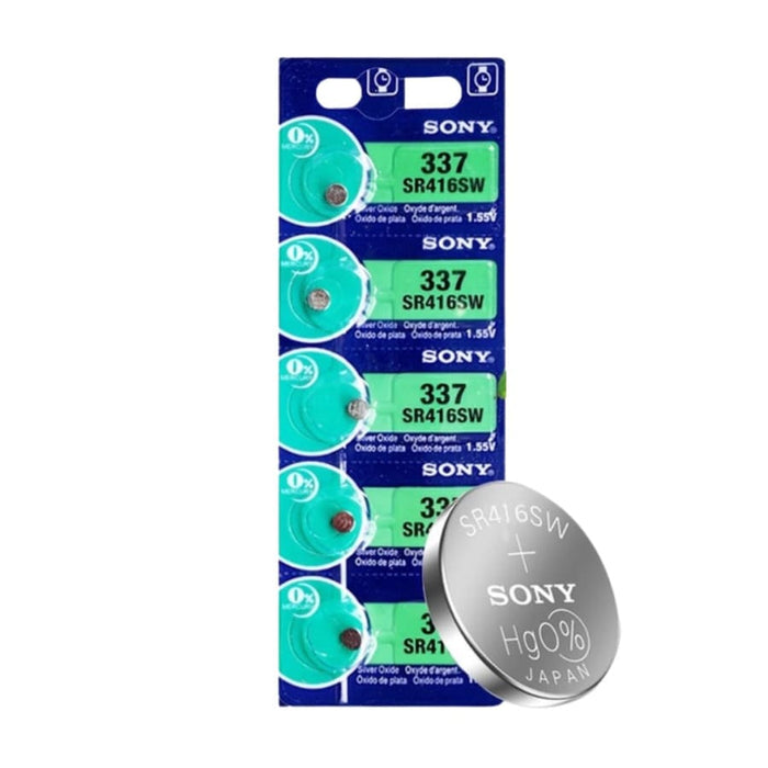 Sony 337 / SR416SW watch batteries in a 5-pack, small round silver batteries for watches and small electronic devices.