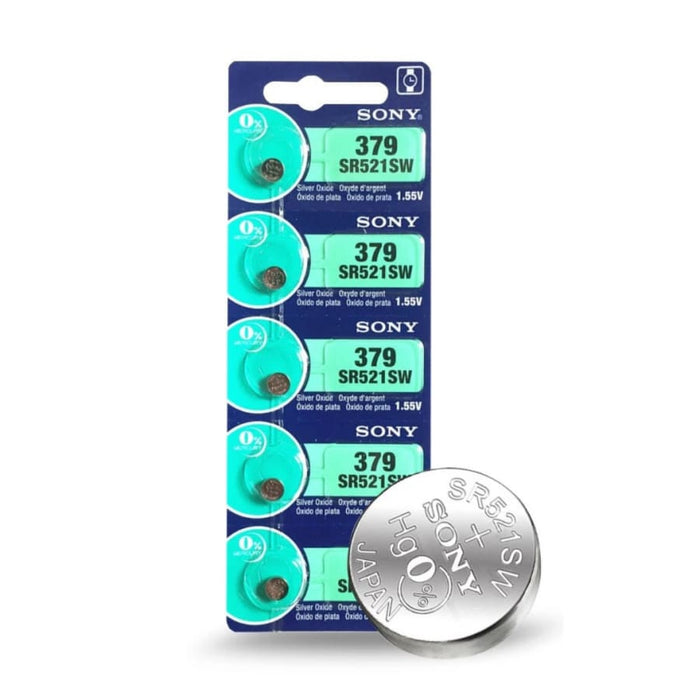 Five Sony SR521SW watch batteries, model 379, in a pack, suitable for small electronic devices and timepieces.