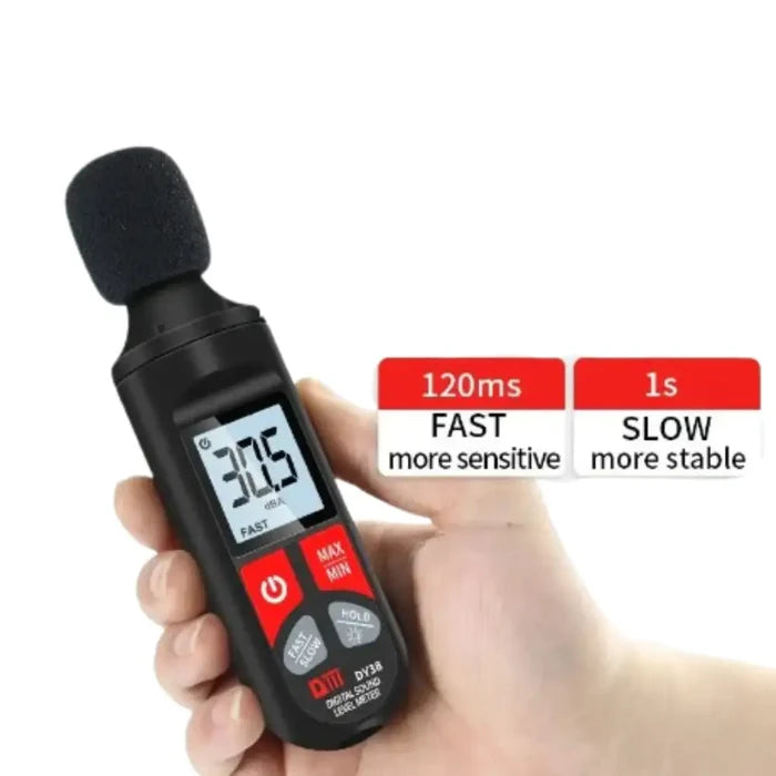 Digital sound level meter by Habicare, HBC brand, showing a screen with measurements and controls for noise level assessment.