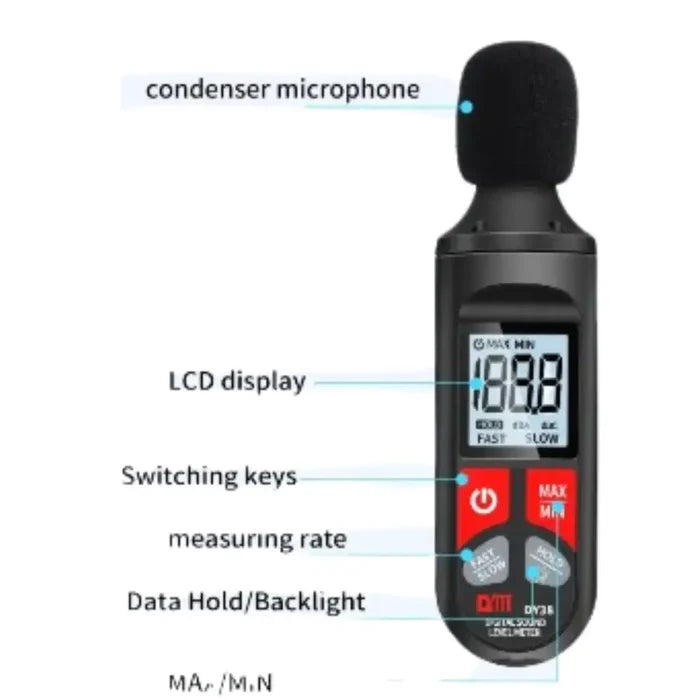 Digital sound level meter by Habicare, HBC brand, showing a close-up of the device with a digital display and measurement buttons.