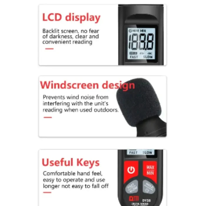 Habicare HBC digital sound level meter showing a digital display measuring noise levels in a professional setting