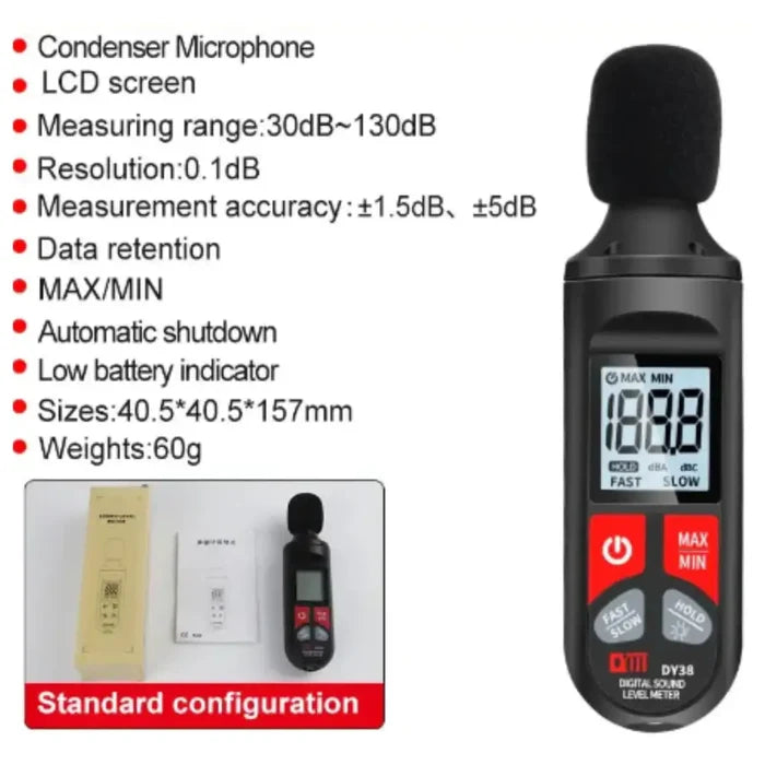 Habicare HBC digital sound level meter displaying a colorful screen measuring noise levels in decibels