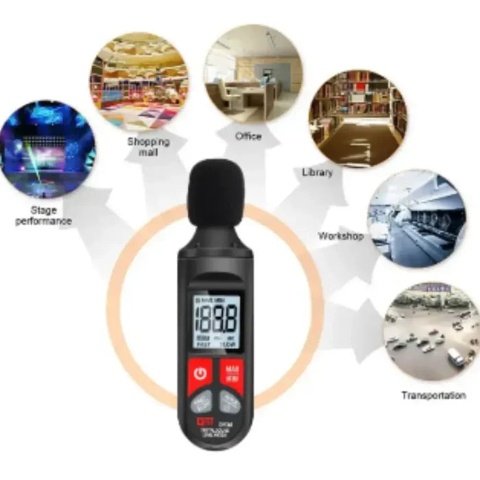 Digital Sound Level Meter by Habicare, HBC brand, displaying noise measurement on a screen with buttons for adjusting settings.