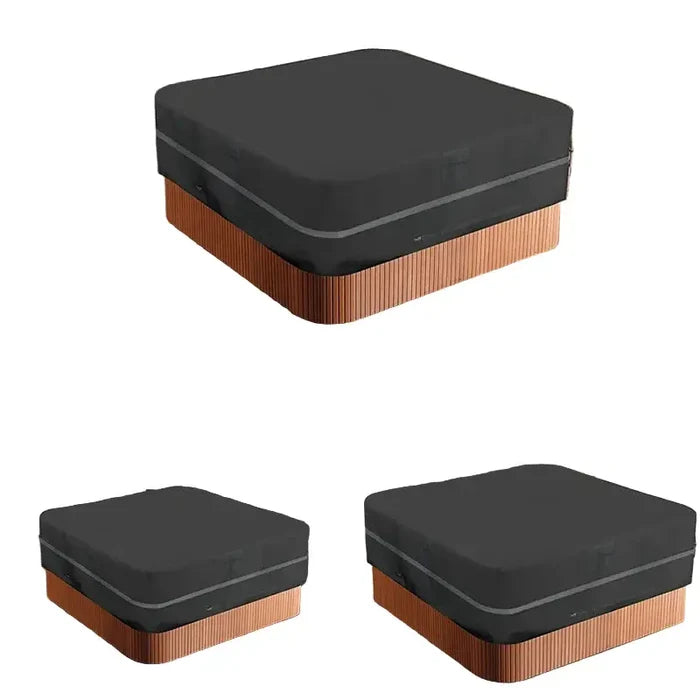 Square Habicare spa hot tub dust cover for outdoor pools and jacuzzis, available in various sizes, protects against debris and weather.