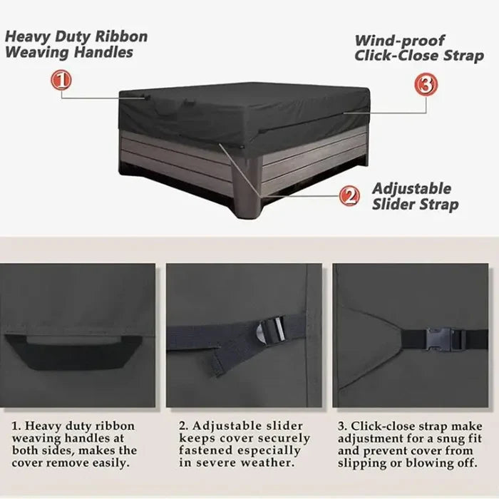 Square outdoor spa hot tub dust cover by Habicare, made of durable SS material, designed for pool and Jacuzzi protection.
