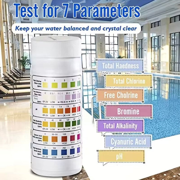 9eight5 spa hot tub water quality test strips with 50 tests for six variables, used to monitor water health and safety.