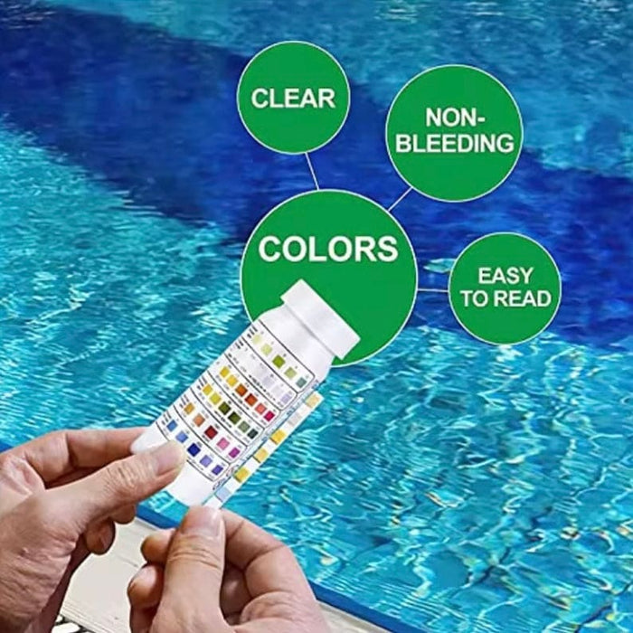 9eight5 spa and hot tub water quality test strips, 50-pack, for measuring pH, alkalinity, chlorine, bromine, calcium, and total hardness.