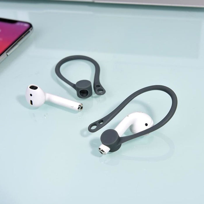 Black sport earphone hooks by 9eight5 attached to in-ear headphones for secure fit during exercise.