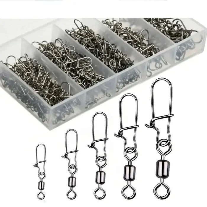 Set of stainless steel fishing swivel snaps by Habicare, available in 50, 100, or 200 pieces, used for secure fishing line connections.