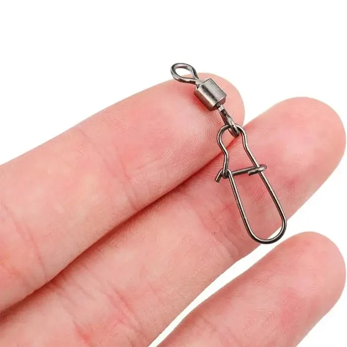 Set of stainless steel fishing swivel snaps from Habicare, available in 50, 100, or 200 pieces for secure fishing line connections.