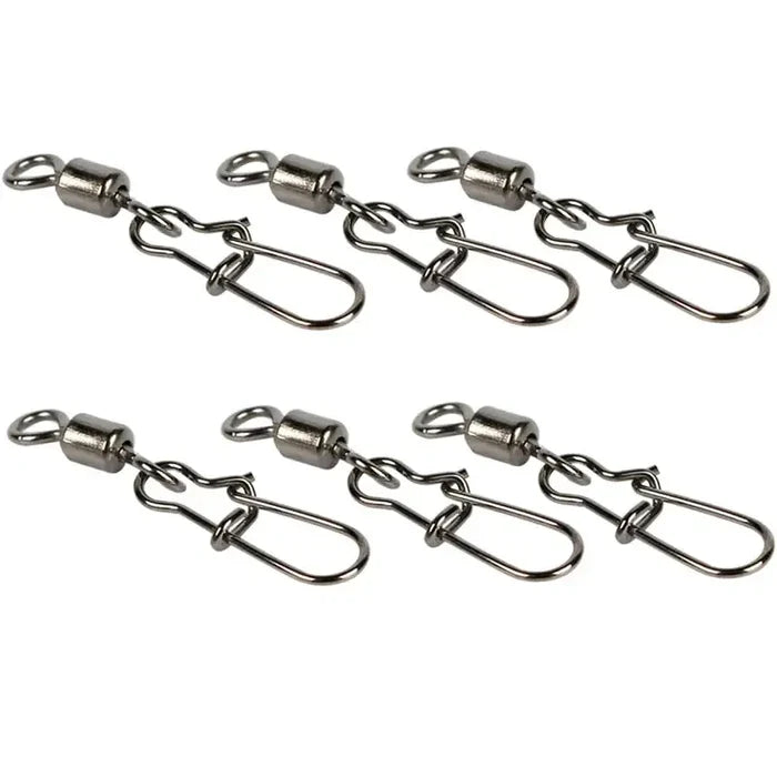 Stainless steel fishing swivel snaps by Habicare, shown in various quantities, suitable for secure fishing line connections.