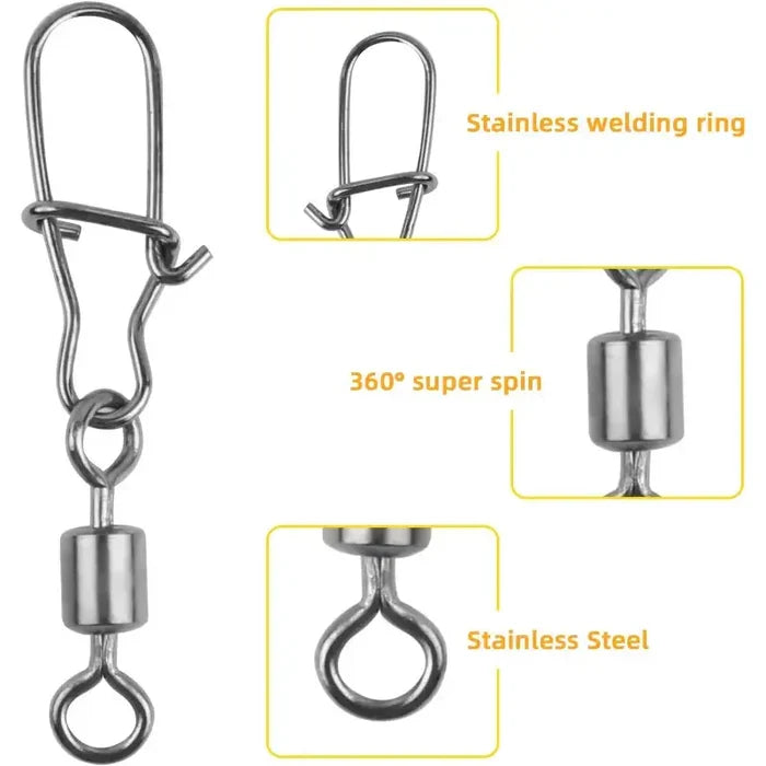Stainless steel fishing swivel snaps in various pack sizes, durable SS hooks for fishing gear by Habicare
