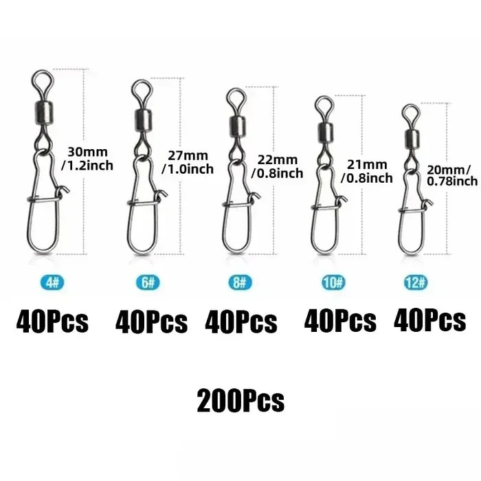 Box of stainless steel fishing swivel snaps in various quantities, durable SS fishing hardware for secure attachment.