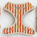 A orange and beige stripe dog harness, with embroidered drink and sun graphics.