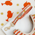 A orange and beige stripe dog lead, with embroidered drink and sun graphics.